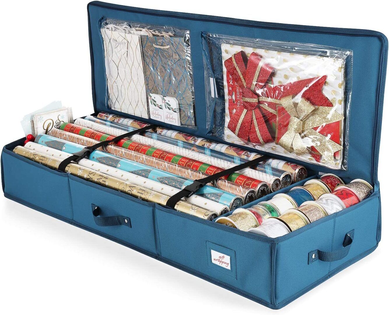 fb482ffd7457cb254329170f8ff6874d.jpg Christmas Wrapping Paper Storage Bag - Organize Up to 22 Rolls with Tear-Proof Design & Interior Pockets - Stylish Blue Gift Wrap Organizer - Image 1