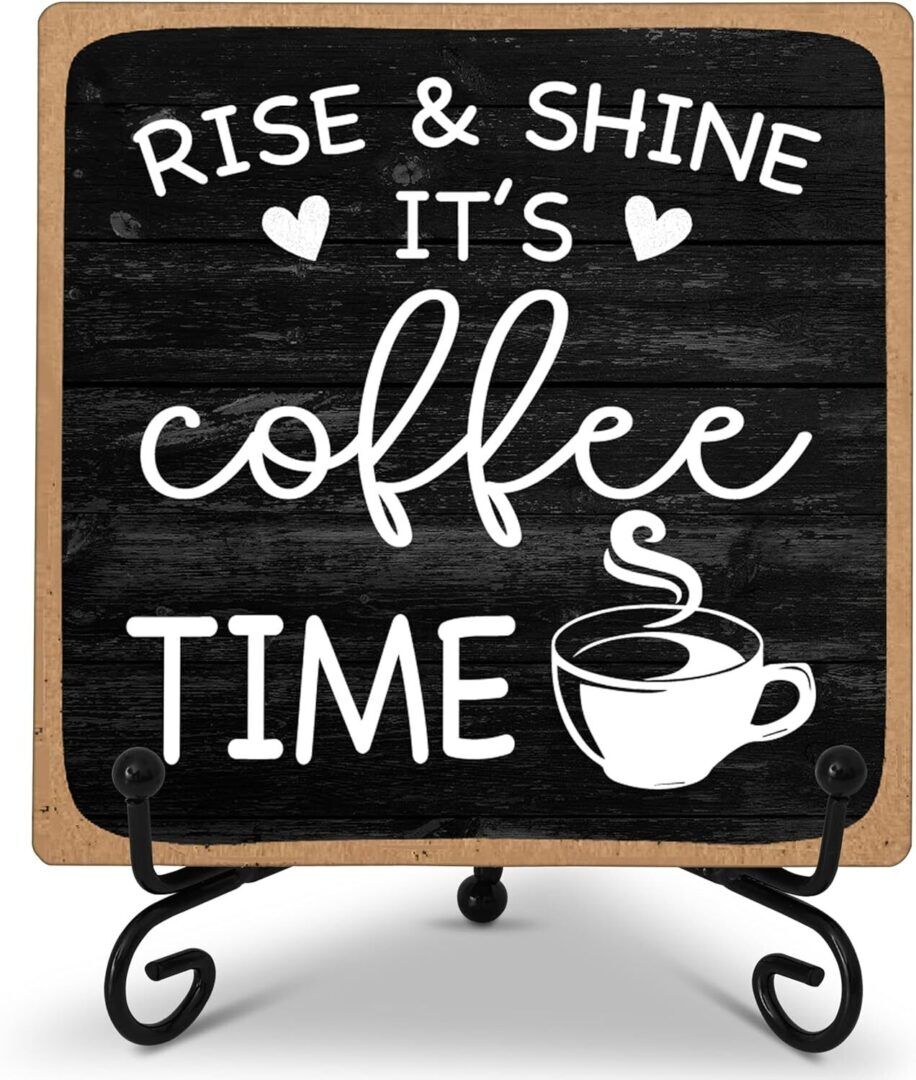 Charming Farmhouse Coffee Bar Sign - "Rise & Shine It's Coffee Time" 5"x5" Wooden Plaque with Stand - Perfect Gift for Home Kitchen Decor - Image 1