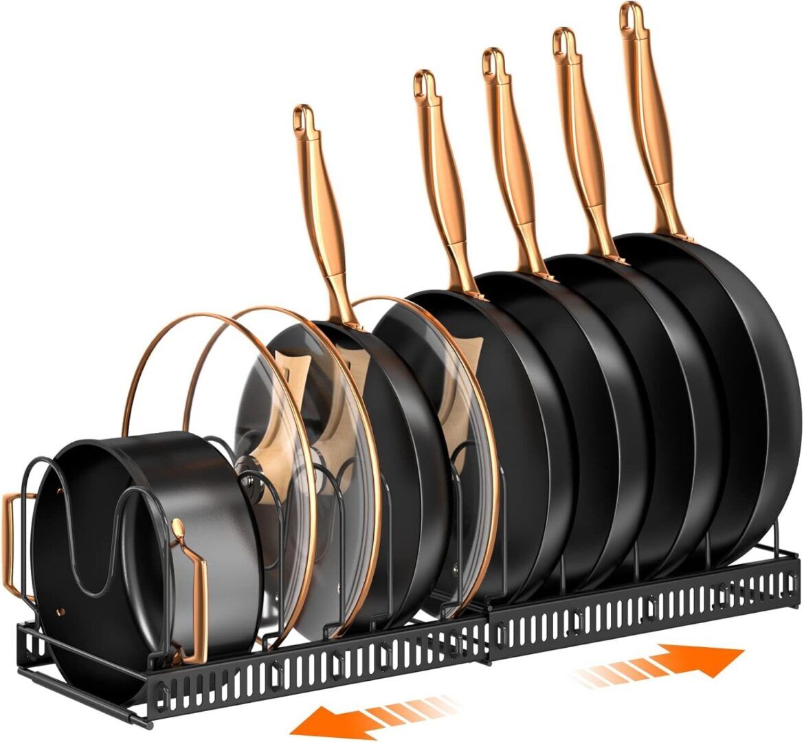 Expandable Pots and Pans Organizer Rack - Adjustable Kitchen Cabinet Holder for Pot Lids and Bakeware with 10 Compartments - Image 1
