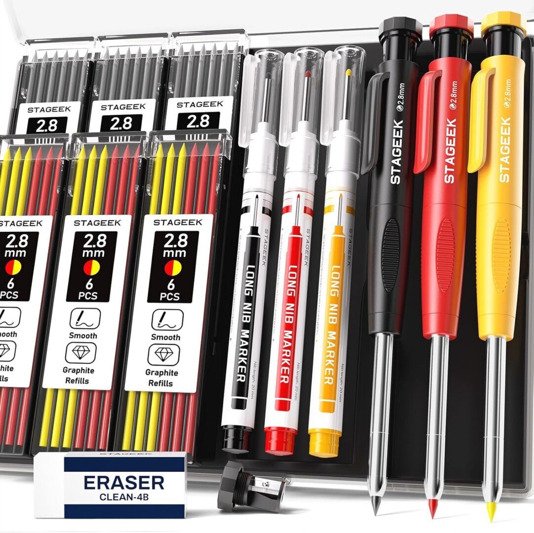 3PCS Heavy Duty Carpenter Pencils Set with Sharpener & 39 Refills - Deep Hole Long Nib Marker Pens for Architects - Includes Case (Red, Black, Yellow) - Image 1