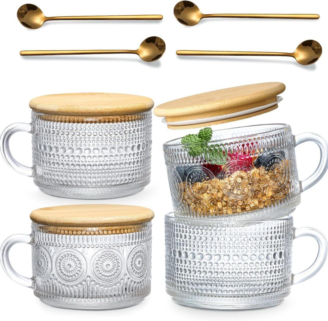 Charming 4-Piece Vintage Coffee Mug Set with Bamboo Lids & Spoons - Perfect Gifts for Women, Ideal for Overnight Oats & Iced Coffee! - Image 1