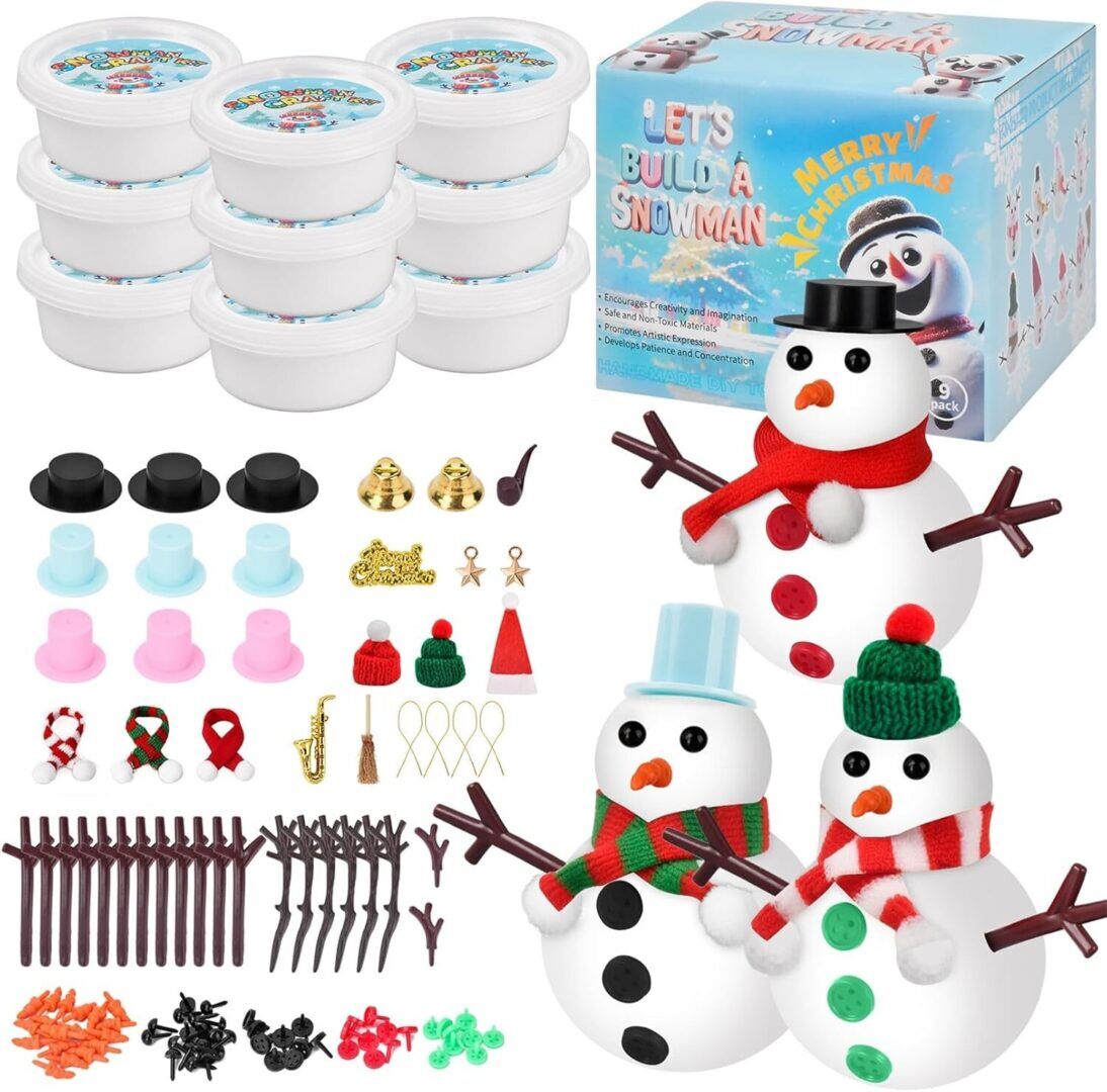 9 Pack Build a Snowman Kit - Fun Christmas Crafts for Kids, Teen Boys & Girls - Perfect Stocking Stuffers & Birthday Gifts with Creative Air Dry Modeling Clay - Image 1