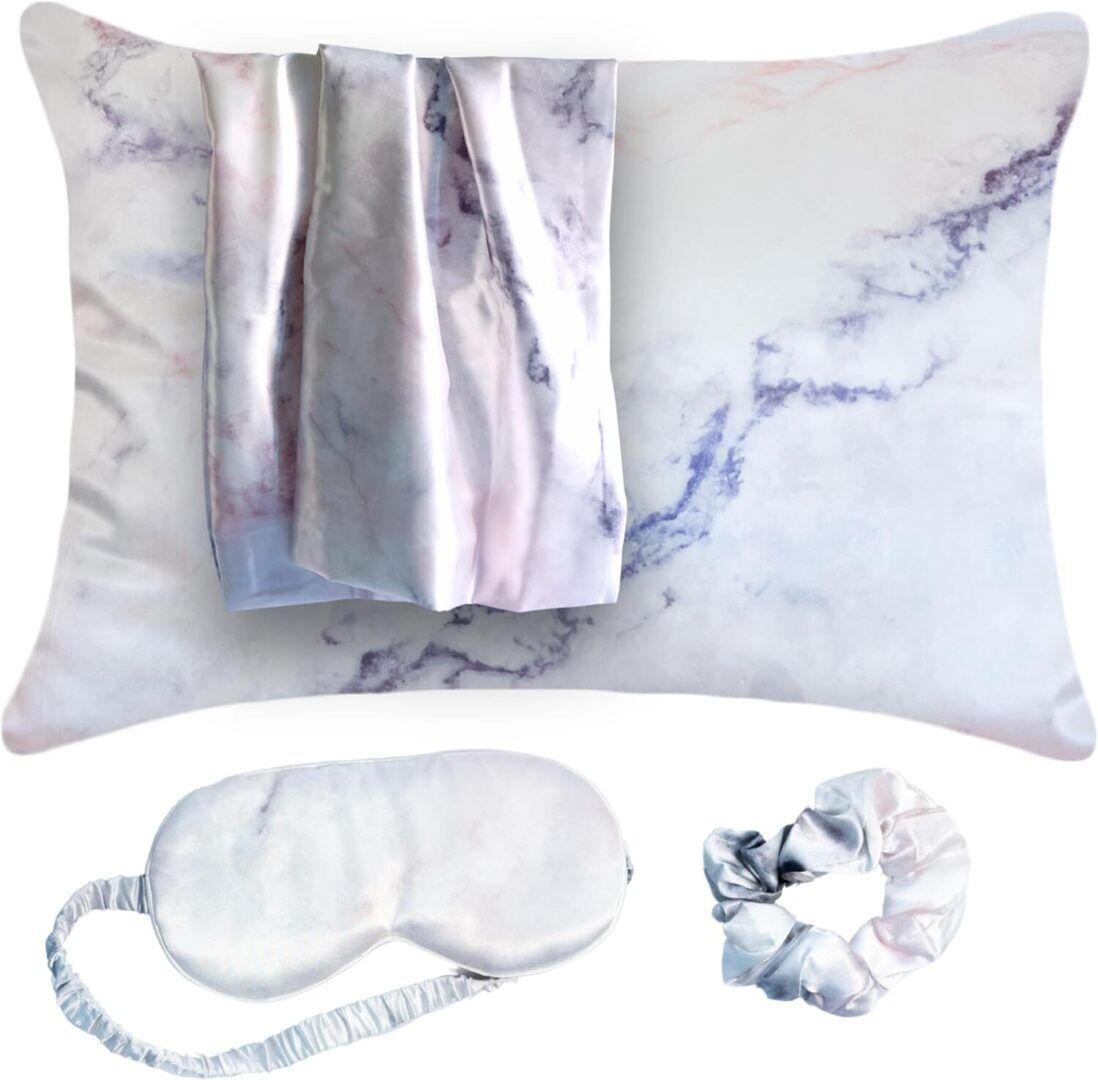 Luxury Satin Pillowcase Gift Set for Women - Silky Soft Grey Ivory, Reduces Frizz, Includes Eye Mask & Scrunchie - Perfect Gift for Mom, Daughter, or Girlfriend - Image 1