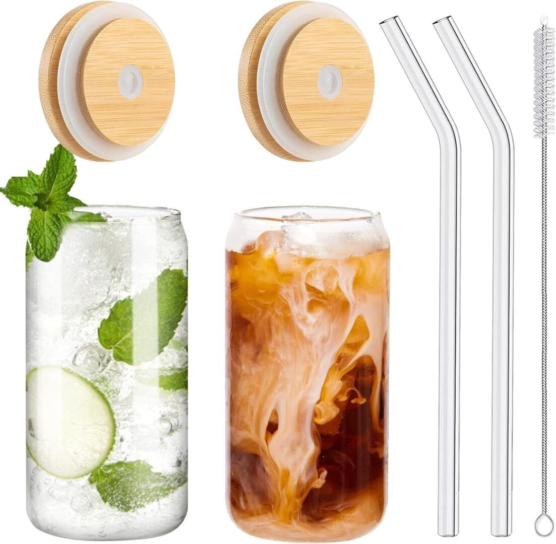 431c56af337ac59d57ec9042ee537930.jpg Stylish 16Oz Drinking Glasses Set with Bamboo Lids & Glass Straws - Perfect for Beer, Iced Coffee, and Soda - Includes 1 Cleaning Brush - 2PCS Gift Set - Image 1