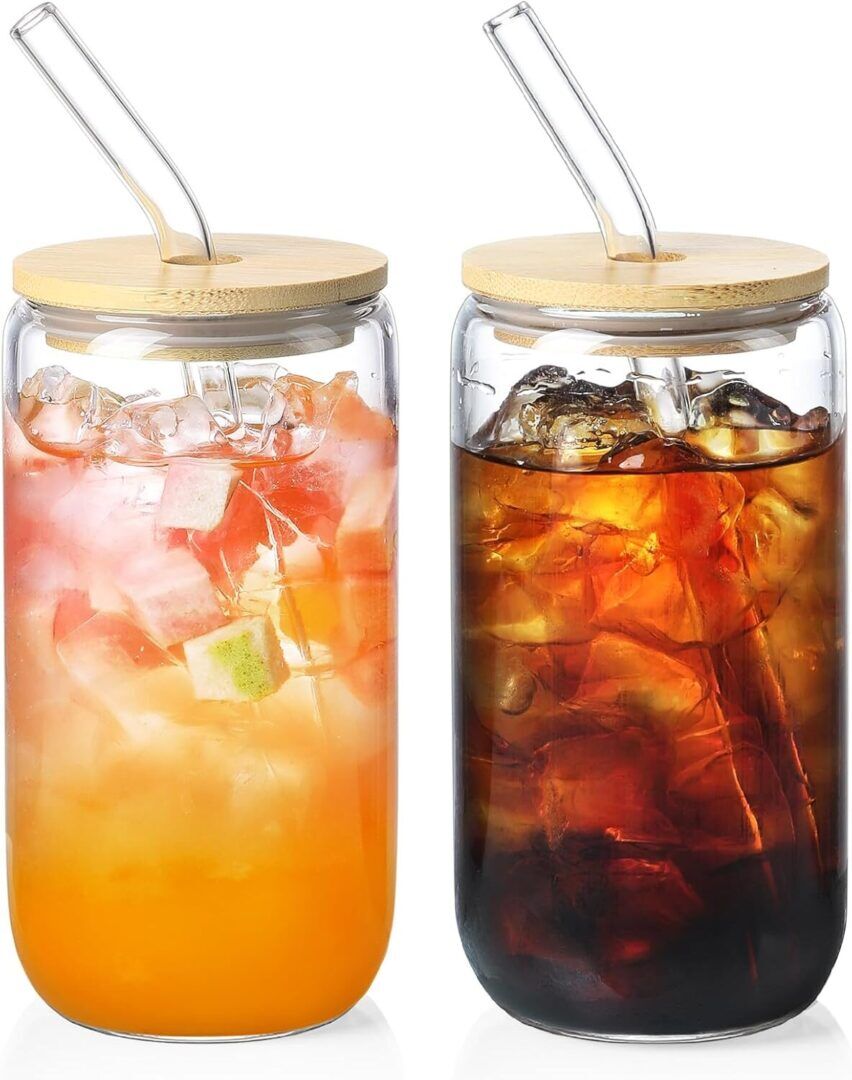 Stylish 2 Pack Glass Cups with Bamboo Lids & Straws - Perfect 16 Oz Tumblers for Iced Coffee & Tea, Ideal Gifts for Women, Moms, Birthdays & Mother's Day! - Image 1