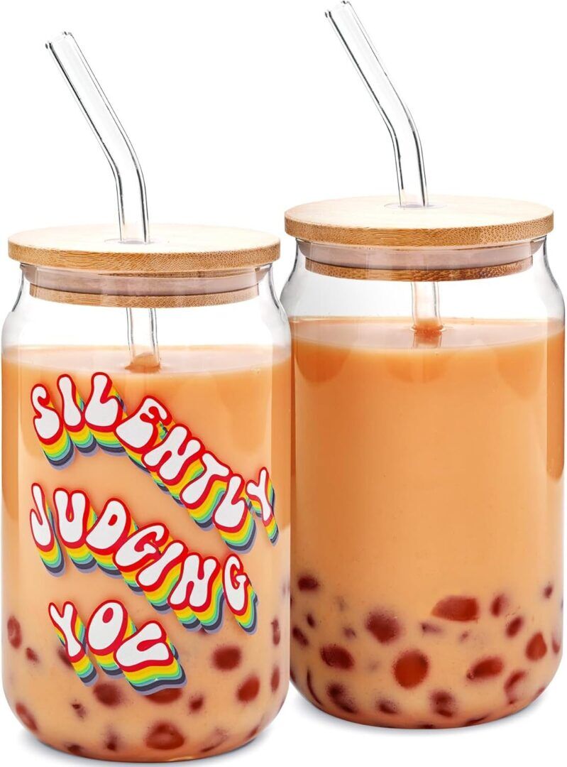 Set of 2 Clear Drinking Glasses with Bamboo Lids & Glass Straws - Perfect for Iced Coffee, Beer, Cocktails & More - Ideal Funny Gift! - Image 1