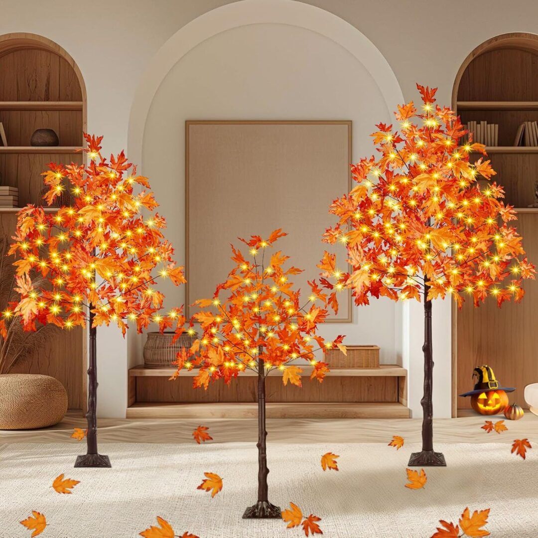 Stunning Set of 3 Pre-Lit Artificial Maple Trees - 4FT, 5FT, and 6FT with 300 LED Warm White Lights for Captivating Fall Decor - Perfect for Thanksgiving, Halloween, and Outdoor Gatherings! - Image 1
